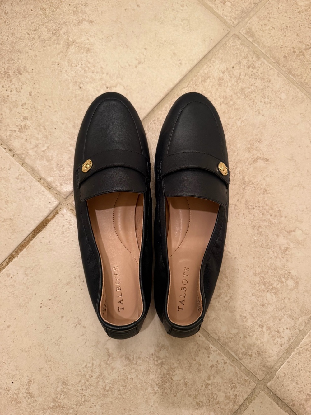 Talbots Black Leather Penny Loafers with Gold-Tone Button